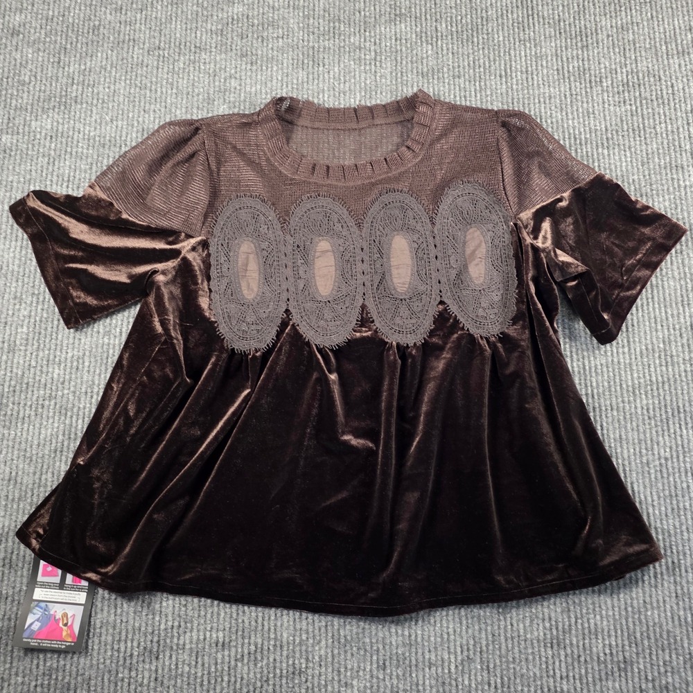 Fashion Brown Velvet Mesh Lace Medallion Babydoll Top Short Sleeve Large NWT